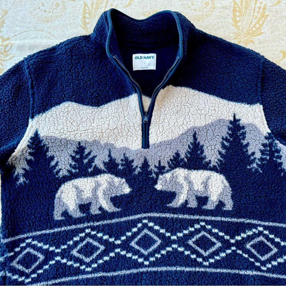 MEN’S FLEECE PULLOVER QUARTER ZIP NAVY BEAR PRINT SIZE L Nordic Style, Ski, Cozy